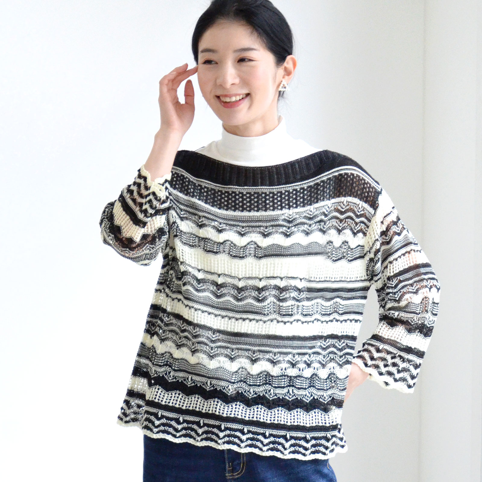 【2024年4月売れ筋商品】【日本製】和紙使い2配色すかし柄7分袖ニットセーター（B8-507）